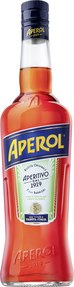 Flasche Aperol Aperitivo mit orange-rotem Likör, blauem Schraubverschluss und Etikett mit der Aufschrift „Aperitivo dal 1919“ und „Padova – Italia“.