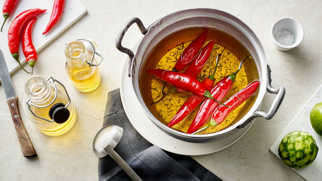 Kochszene mit einem Topf voller roter Chilischoten in aromatisiertem Öl, daneben kleine Glasflaschen mit Öl, ein Küchenmesser, ein Löffel, eine Schale mit Salz sowie Limetten auf einem Schneidebrett. Die Zutaten liegen auf einer hellen Küchenarbeitsfläche, begleitet von einem grauen Tuch