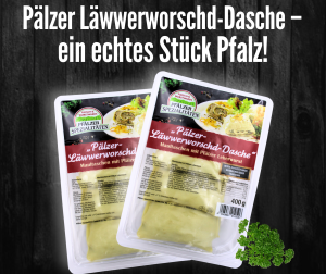 Werbebild für das September-Newsletter-Gewinnspiel mit dem Produkt 'Pälzer Läwwerworscht-Dasche – ein echtes Stück Pfalz!'. Abgebildet sind zwei Packungen Maultaschen mit Pfälzer Leberwurst der Marke 'Pfälzer Spezialitäten', platziert vor dunklem Holz-Hintergrund. Unten rechts liegt ein Zweig frische Petersilie.