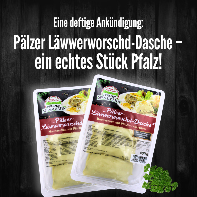 Werbebild für das September-Newsletter-Gewinnspiel mit dem Produkt 'Pälzer Läwwerworscht-Dasche – ein echtes Stück Pfalz!'. Abgebildet sind zwei Packungen Maultaschen mit Pfälzer Leberwurst der Marke 'Pfälzer Spezialitäten', platziert vor dunklem Holz-Hintergrund. Unten rechts liegt ein Zweig frische Petersilie.