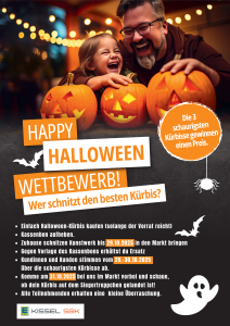 Zu sehen ist ein Werbeplakat von EDEKA Kissel SBK, welches auf einen Halloween-Kürbis-Wettbewerb im EDEKA Kissel SBK Edenkoben hinweist. Mitmachen kann man, indem man einen Kürbis kauft, den Kassenzettel aufbewahrt, den Kürbis zuhause schnitzt und den Kürbis bis zum 29.10.2025 in den Markt bringt. Gegen Vorlage des Kassenbons erhält man Ersatz. Vom 29.10.2025 bis 30.10.2025 stimmen unsere Kunden über die drei schaurigsten Kürbisse ab. Am 31.10.2025 ist im Markt das Siegertreppchen ausgestellt, diese gewinnen einen Preis. Alle Teilnehmenden erhalten eine kleine Überraschung.