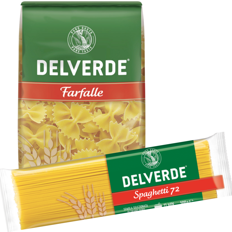 Zu sehen sind zwei Packungen Nudeln der Marke "Delverde" mit je 500g bis 1000g. Eine Packung enthält Spaghtettini 71 mit 1000g Inhalt, die andere Packung Eliche mit 500g Inhalt. Auf beiden Packungen ist das grüne Delverde Logo abgebildet. Die jeweilige Nudelsorte ist in einem roten Kasten darunter geschrieben.