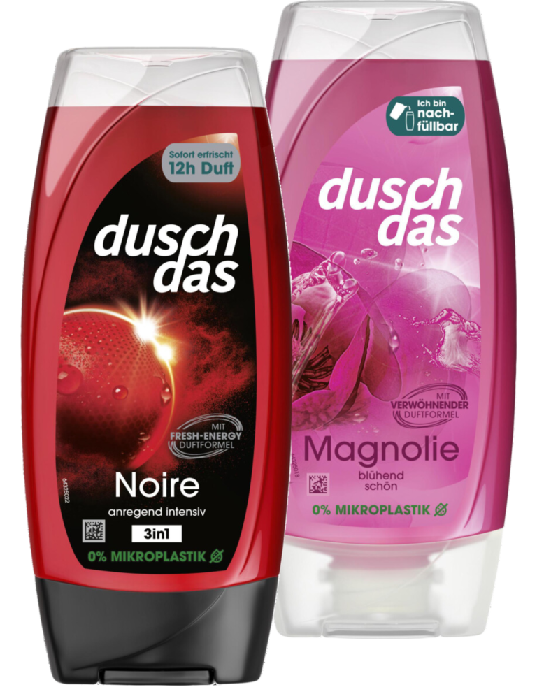 Zu sehen sind zwei Duschgele der Marke Duschdas je 225 Milliliter; unter anderem die Sorte "Noire" und "Magnolie".