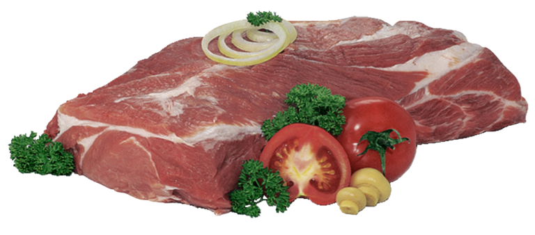 Zu sehen ist ein Schweinekamm-Braten dekoriert mit Zwiebelringen, Tomaten, Champignons und Petersilie.