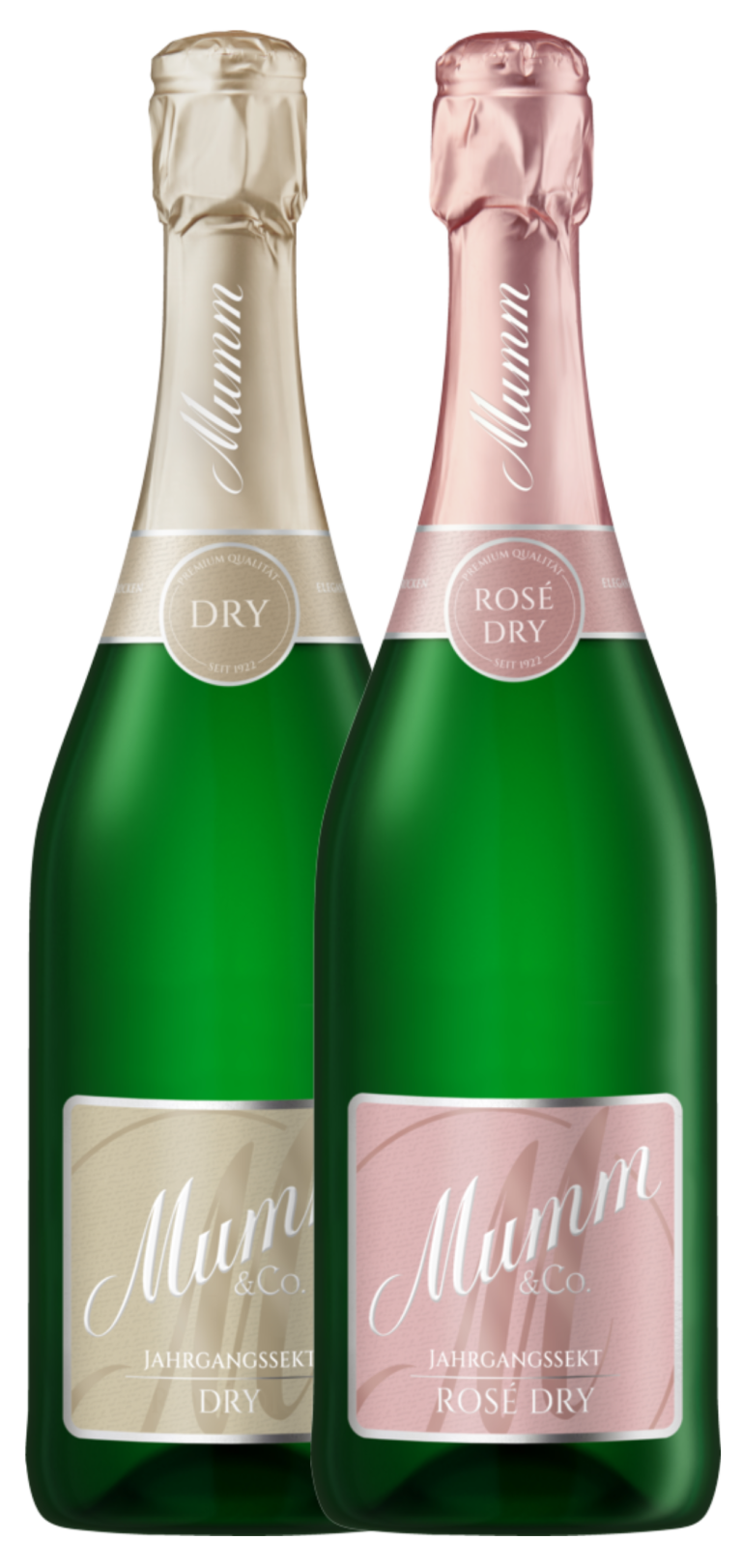 Zu sehen sind zwei Flaschen Sekt der Marke "Mumm" je 0,75 Liter. Es handelt sich um Jahrgangssekt einmal "Dry" und "Rose Dry". Das Etikett und der Flaschenhals sind in hellem gold und rosa gehalten.
