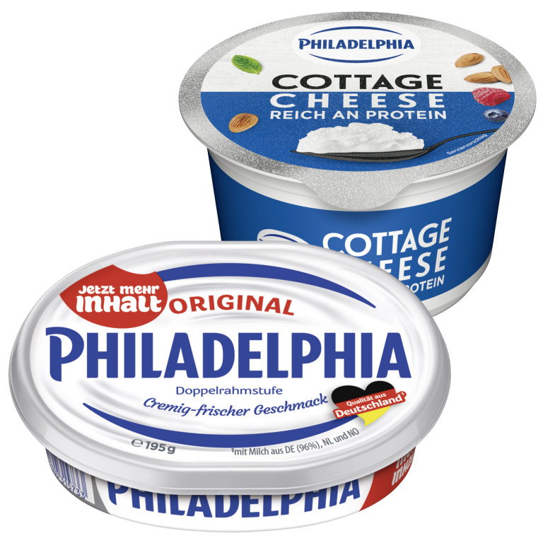 Zu sehen ist eine Packung "Philadelphia Original Doppelrahmstufe" mit cremig-frischem Geschmack und "Philadelphia Cottage Cheese" reich an Protein.