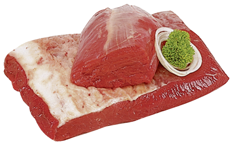 Zu sehen sind zwei rot saftige Stücke Suppenfleisch mit einer Fettschicht überzogen. Als Dekoration liegen Petersilie und Zwiebel auf dem Fleisch.