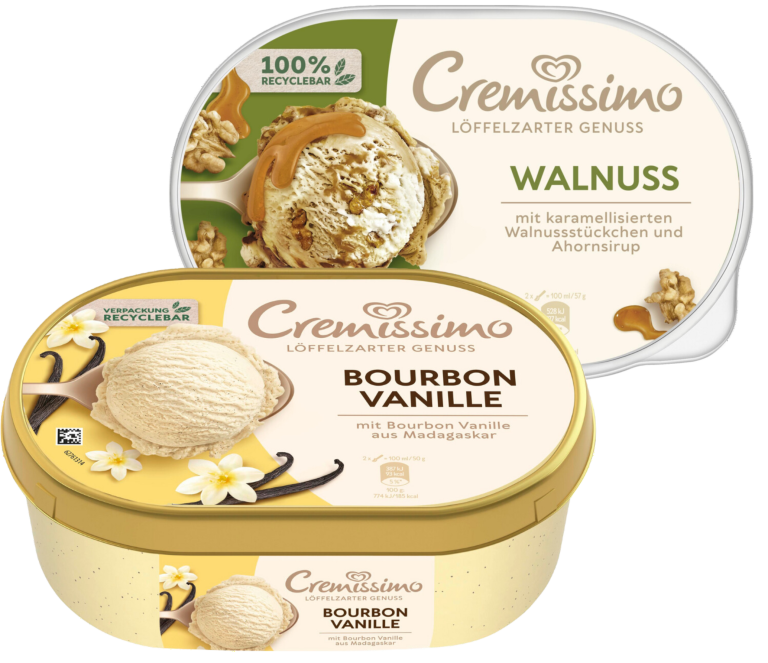Zu sehen sind zwei Eispackungen der Marke Cremissimo. Die obere Packung enthält Walnusseis mit karamellisierten Walnussstückchen und Ahornsirup. Die untere größere Packung enthält Bourbon Vanilleeis mit Bourbon Vanille aus Madagaskar. Die Verpackungen sind in Creme und Beigetönen gestaltet und jeweils mit Walnusstücken oder Vanilleschoten dekoriert.