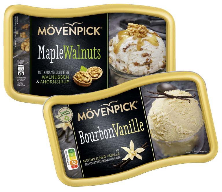 Zu sehen sind zwei Eispackungen der Marke Mövenpick; unter anderem die Sorte "Maple Walnuts" und "Bourbon Vanille".